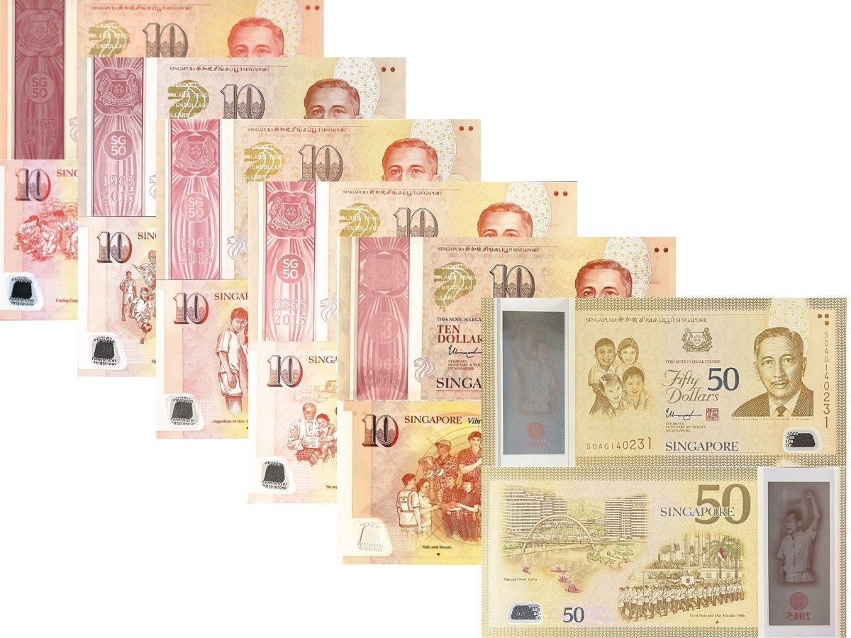 Singapore SET 6 UNC 10 Dollar x 5 Pcs 50 dollar 2015 Com. P 56 57 58 56 60 P 61