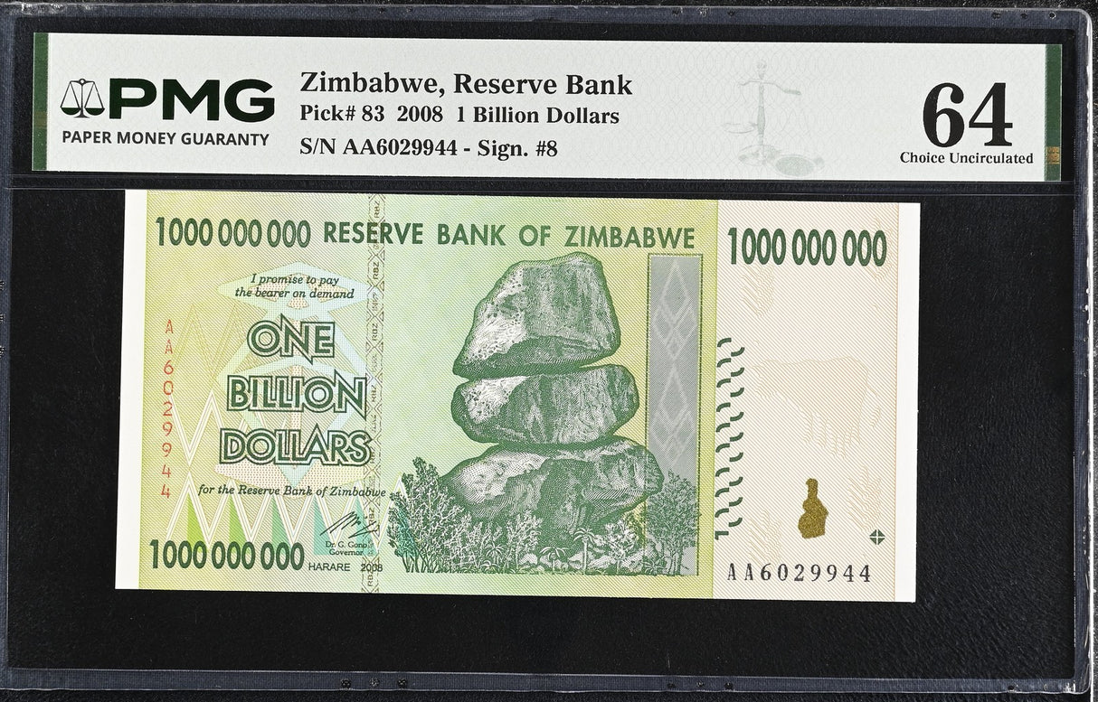 Zimbabwe 1 Billion Dollars 2008 P 83 Choice UNC PMG 64