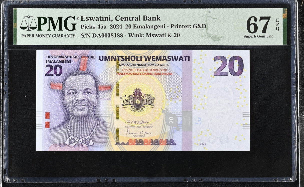 Eswatini 20 Emalangeni 2024 P 45 a Superb Gem UNC PMG 67 EPQ