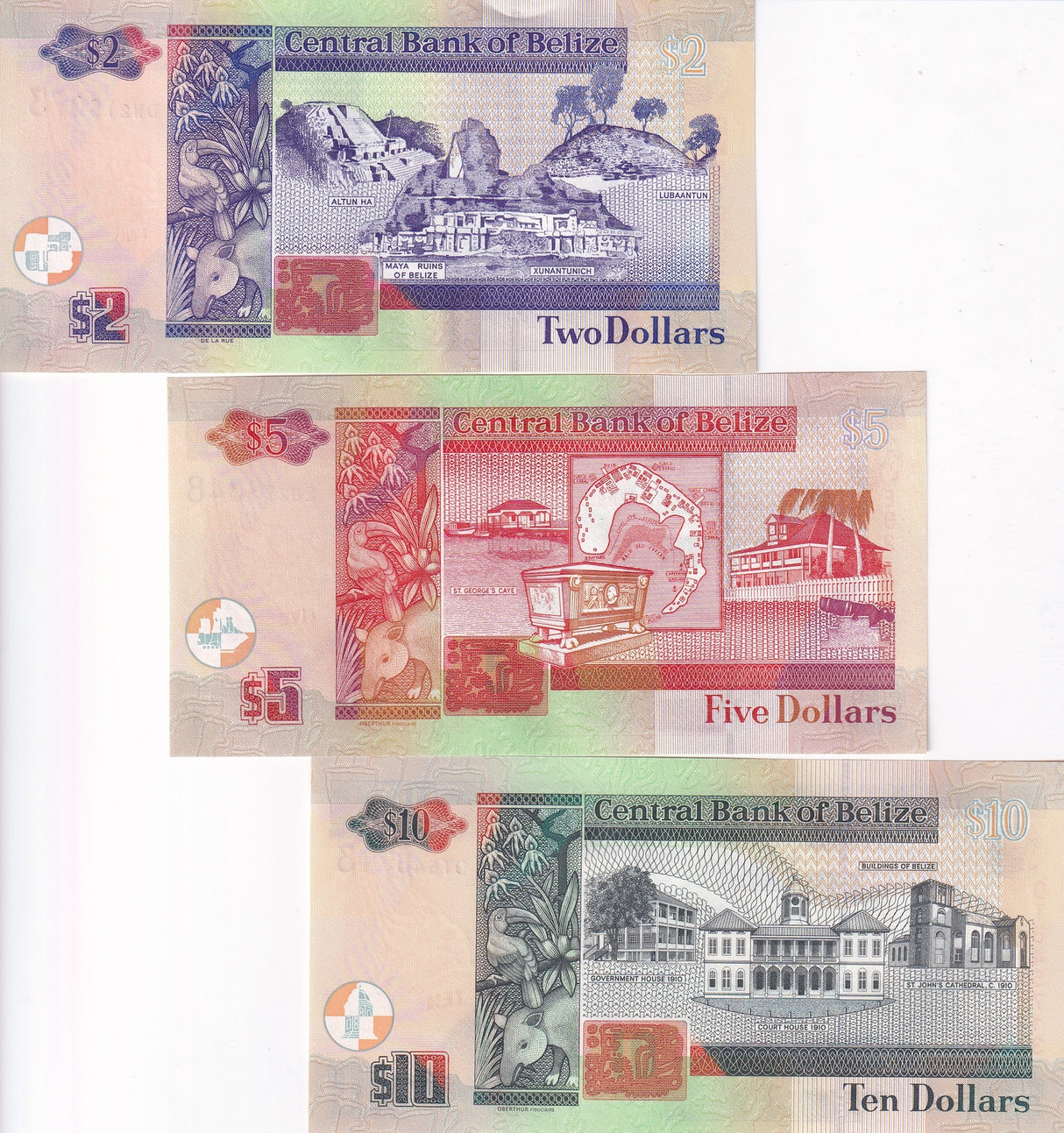 Belize Set 3 Pcs 2 5 10 Dollars 2020 2022 P 66 67 68 NEW Date & Sign QEII UNC