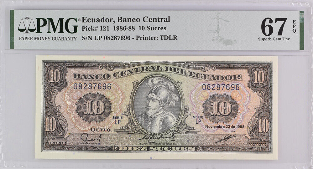 Ecuador 10 Sucres 1988 P 121 Superb Gem UNC PMG 67 EPQ