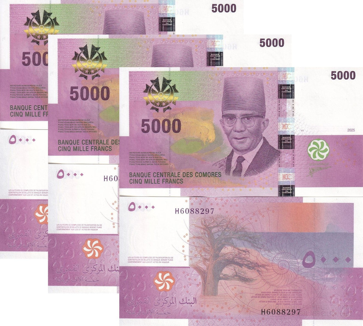 Comoros 5000 Francs 2025 / 2026 P NEW Design LOGO + ONE Sign LOT 3 UNC