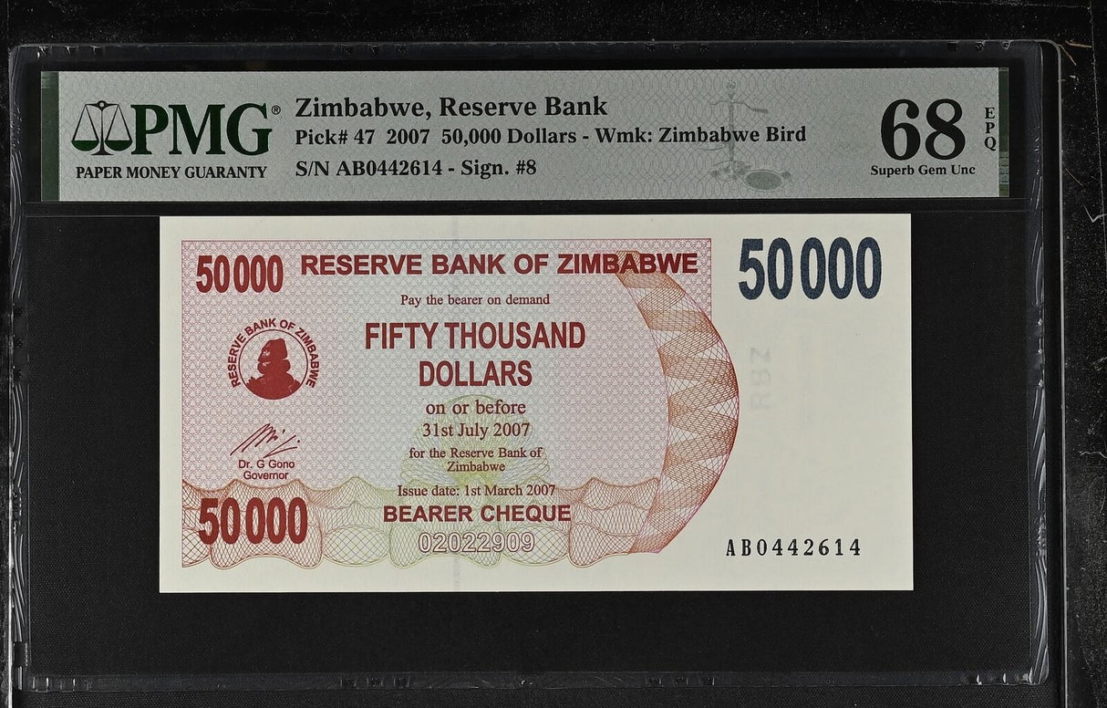 Zimbabwe 50000 Dollars 2007 P 47 Superb Gem UNC PMG 68 EPQ