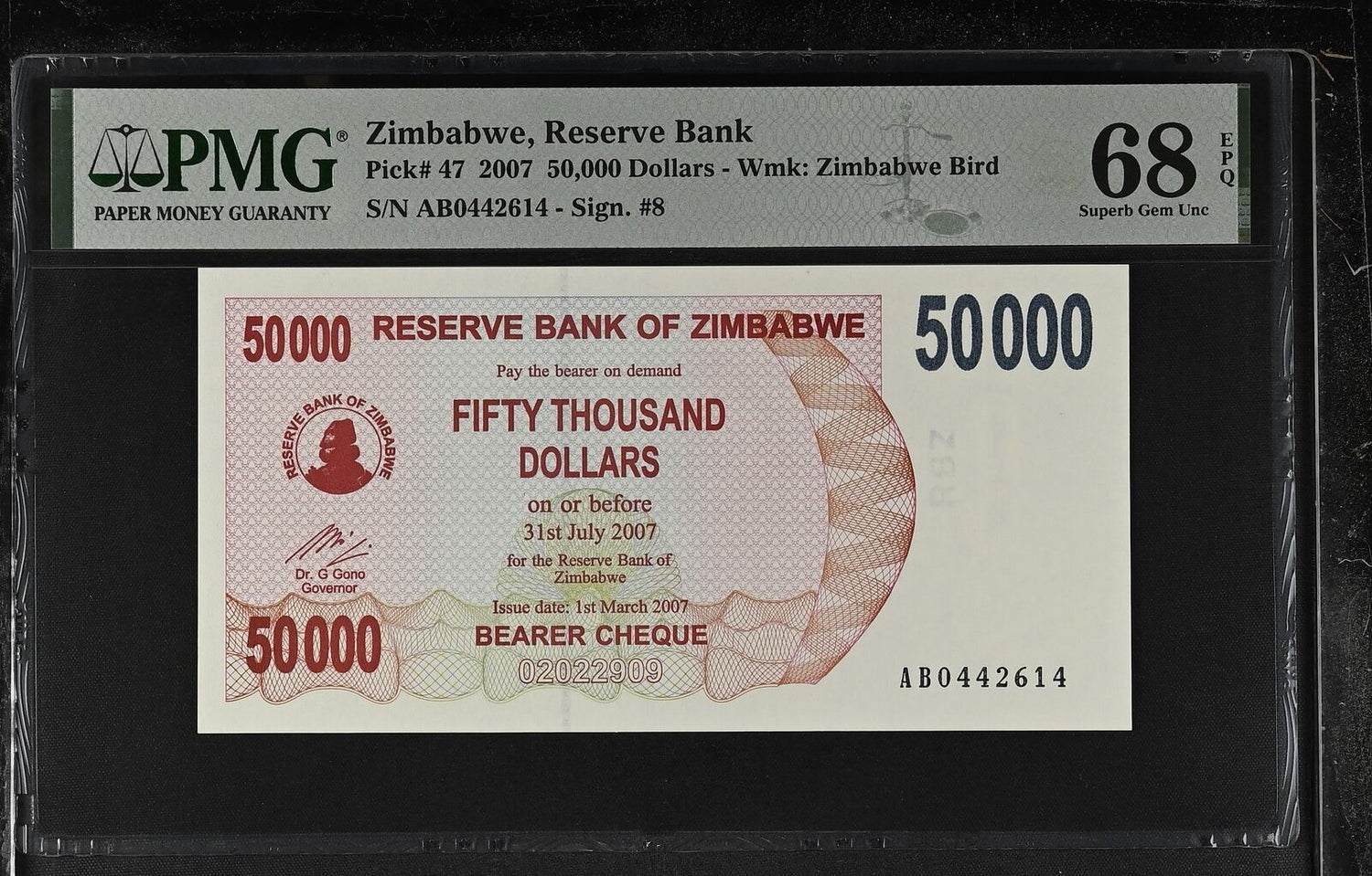 Zimbabwe 50000 Dollars 2007 P 47 Superb Gem UNC PMG 68 EPQ