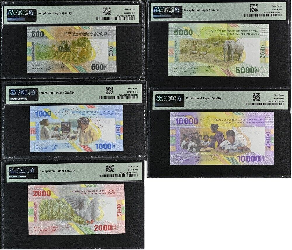 Central African Set 5; 500-10000 francs 2022 P 700-704 Superb Gem UNC PMG 67 EPQ