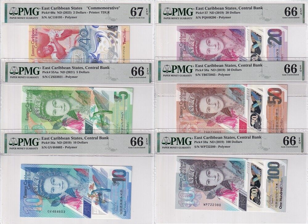 East Caribbean Set 6; 2- 50 100 Dollars ND 2019 P55A-60 Superb UNC PMG 66 67 EPQ