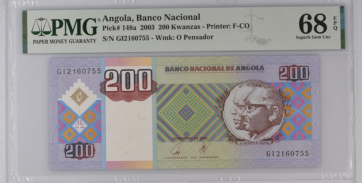 Angola 200 Kwanzas 2003 P 148 a Superb Gem UNC PMG 68 EPQ