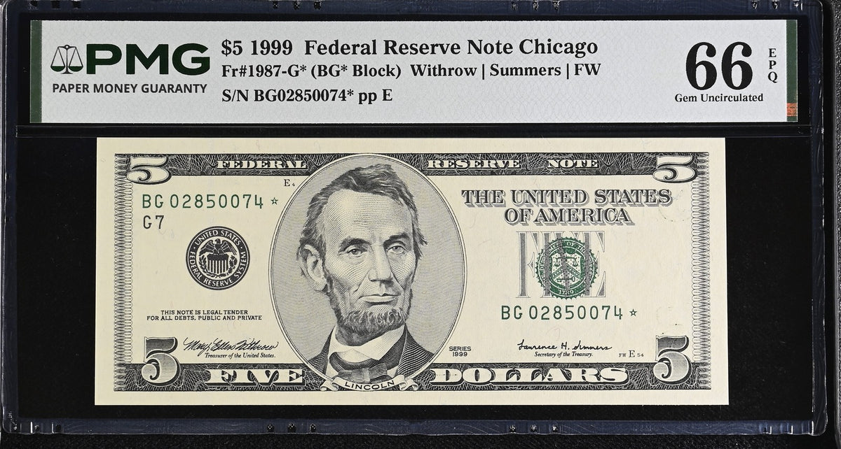 United States 5 Dollars Usa 1999 P 505* G Chicago Replacement Gem UNC PMG 66 EPQ