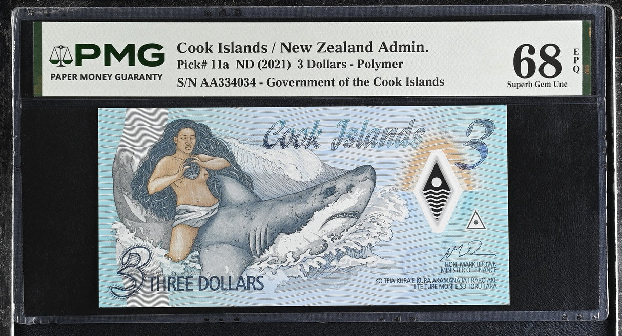 Cook Islands 3 Dollars ND 2021 P 11 a Polymer Superb Gem UNC PMG 68 EPQ