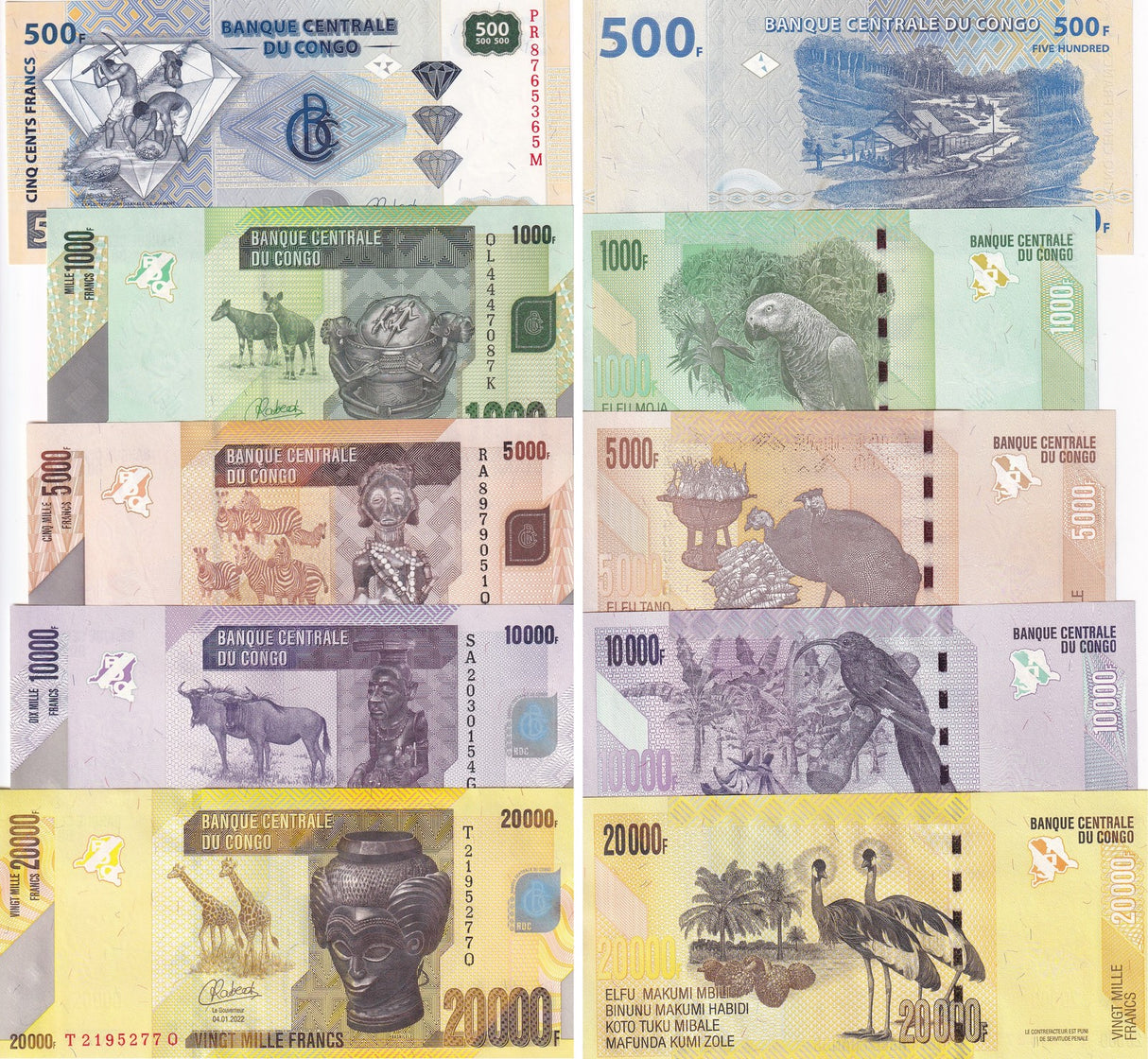 Congo SET 5 UNC 500 1000 5000 10000 20000 Francs 2022 P 96d 101 102 103 104