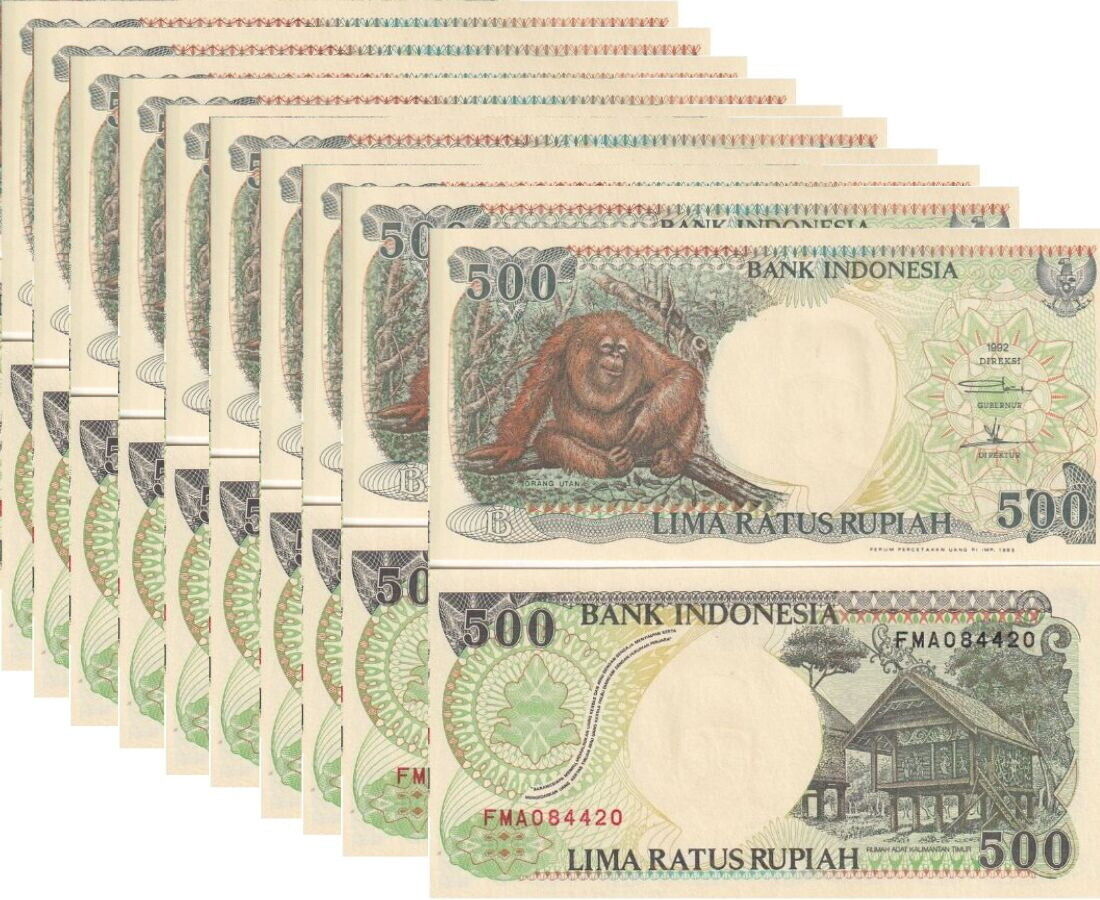 Indonesia 500 Rupiah 1992/Mixed Years P 128 Monkey UNC LOT 10 Pcs 1/10 BUNDLE