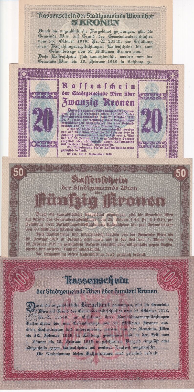 Austria SET 4 PCS 5 20 50 100 Kronen 1918 Municipality of Vienna P NL UNC