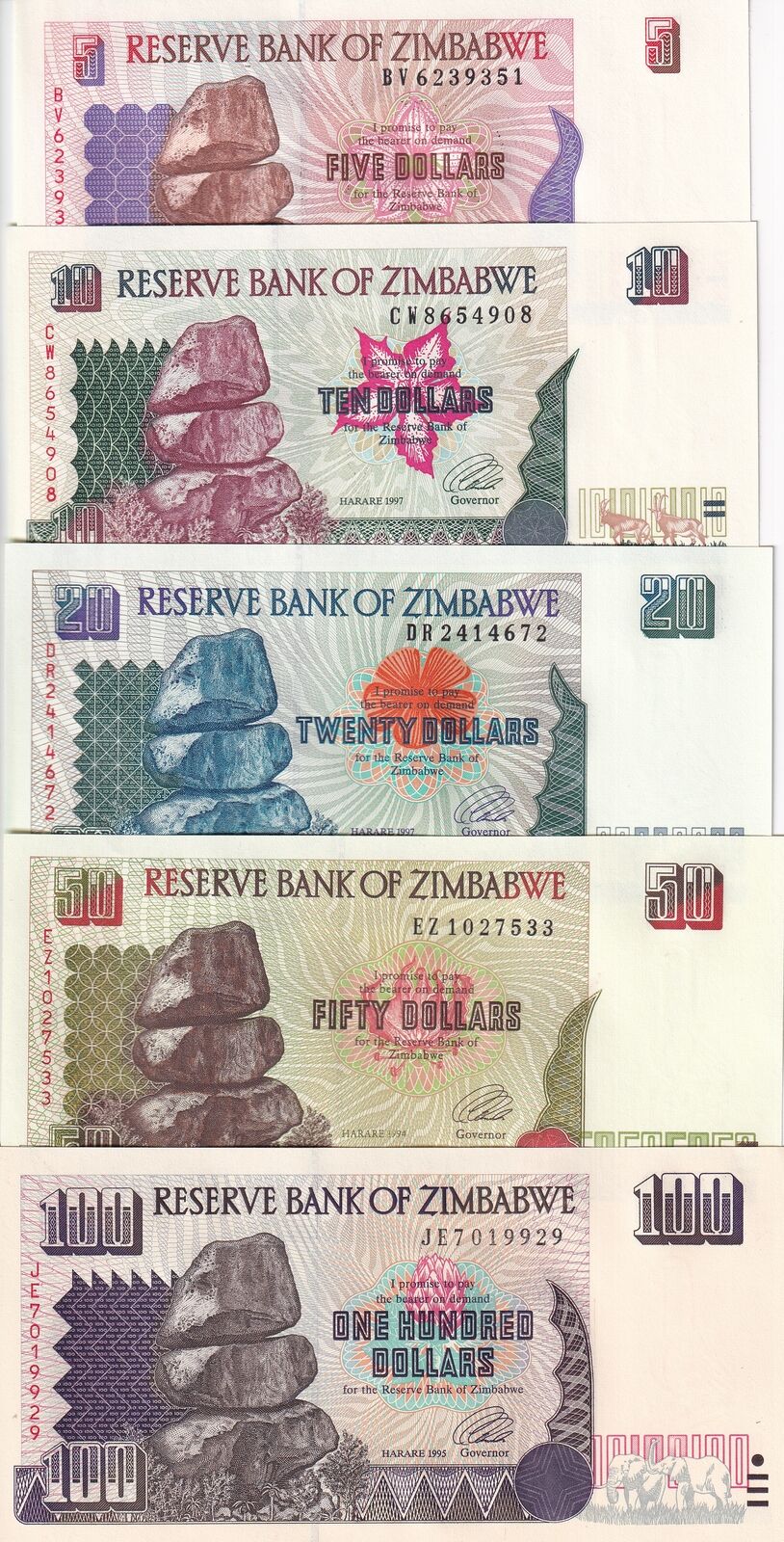 Zimbabwe Set 5 Pcs 5 10 20 50 100 Dollars 1994-1997 P 5 6 7 8 9 UNC