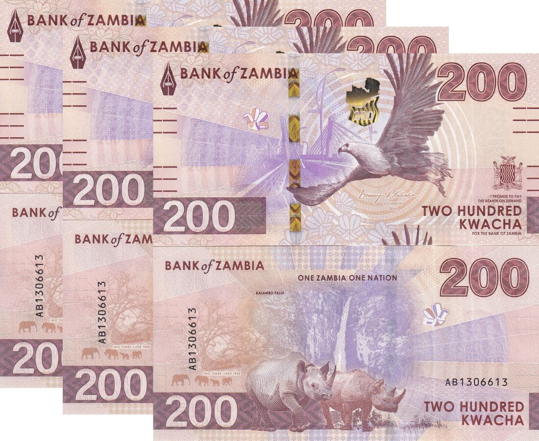 Zambia 200 Kwacha 2024 2025 P 66 EAGLE RHINO UNC LOT 3 PCS