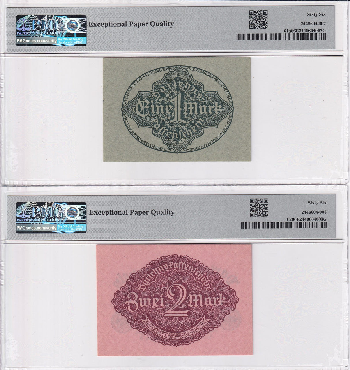 Germany Loan Currency Note Set 2; 1 2 Mark 1922 P 61 P 62 Gem UNC PMG 66 EPQ