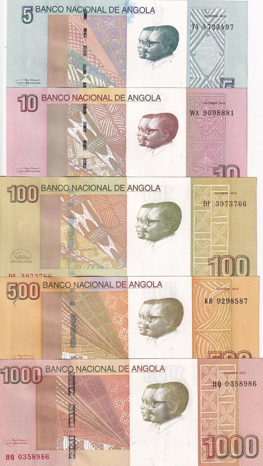 Angola Set 5 UNC 5 10 100 500 1000 Kwanzas Random Date P 151A 151B 153 155 156