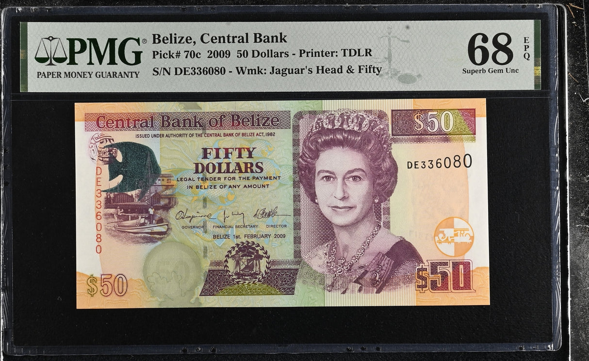 Belize 50 Dollars 2009 P 70 c Superb Gem UNC PMG 68 EPQ TOP POP