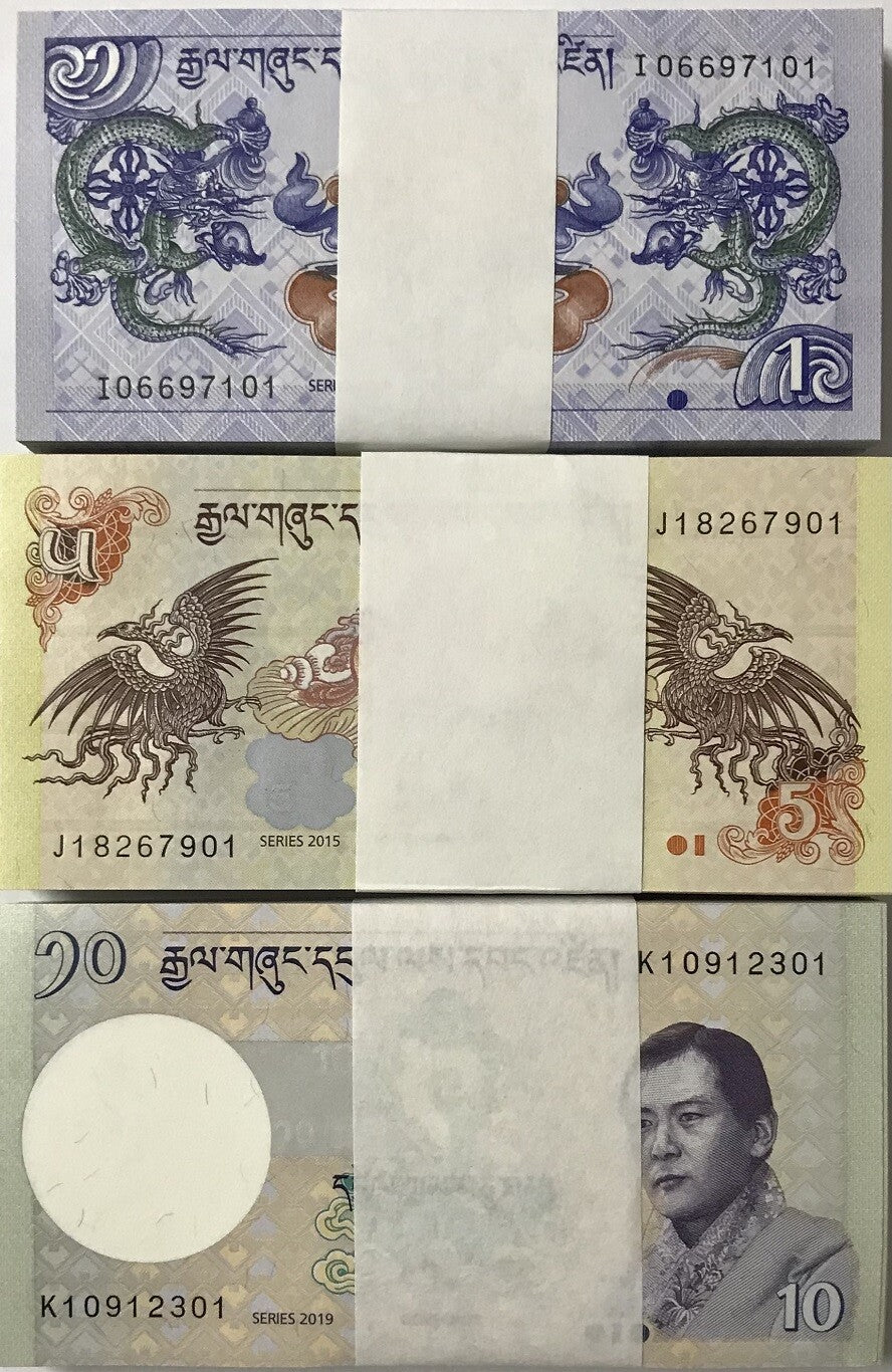 Bhutan Set 3 x 100 UNC 1 5 10 Ngultrum 2015-2019 p 27 28 29 = Lot 3 Bundles