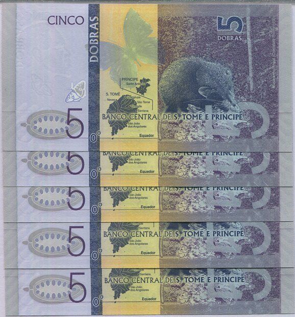 Saint Thomas & Prince 5 Dobras 2020/2021 Paper P 76 Lot 5 Pcs UNC