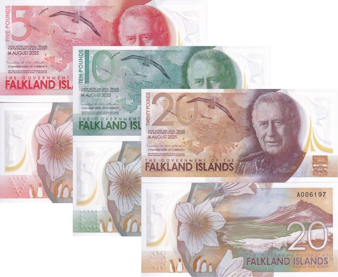 Falkland Islands set 3 UNC 5 10 20 Pound 2025 P NEW Polymer King Charles III
