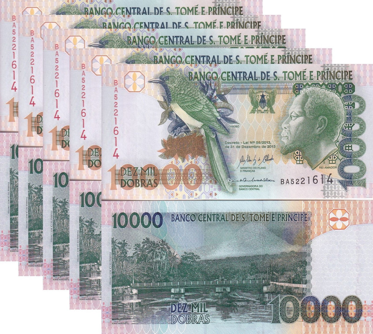 Saint Thomas & Prince 10000 Dobras 2013 P 66 d UNC LOT 5 PCS