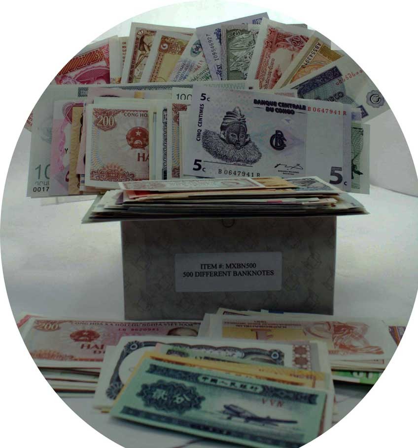 World Banknotes Giant MIX of 100 x 5 LOTS = 500 UNC Notes with Countries List