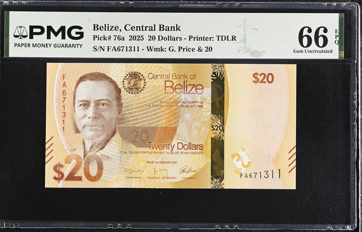 Belize 20 Dollars 2025 P 76 a Gem UNC PMG 66 EPQ