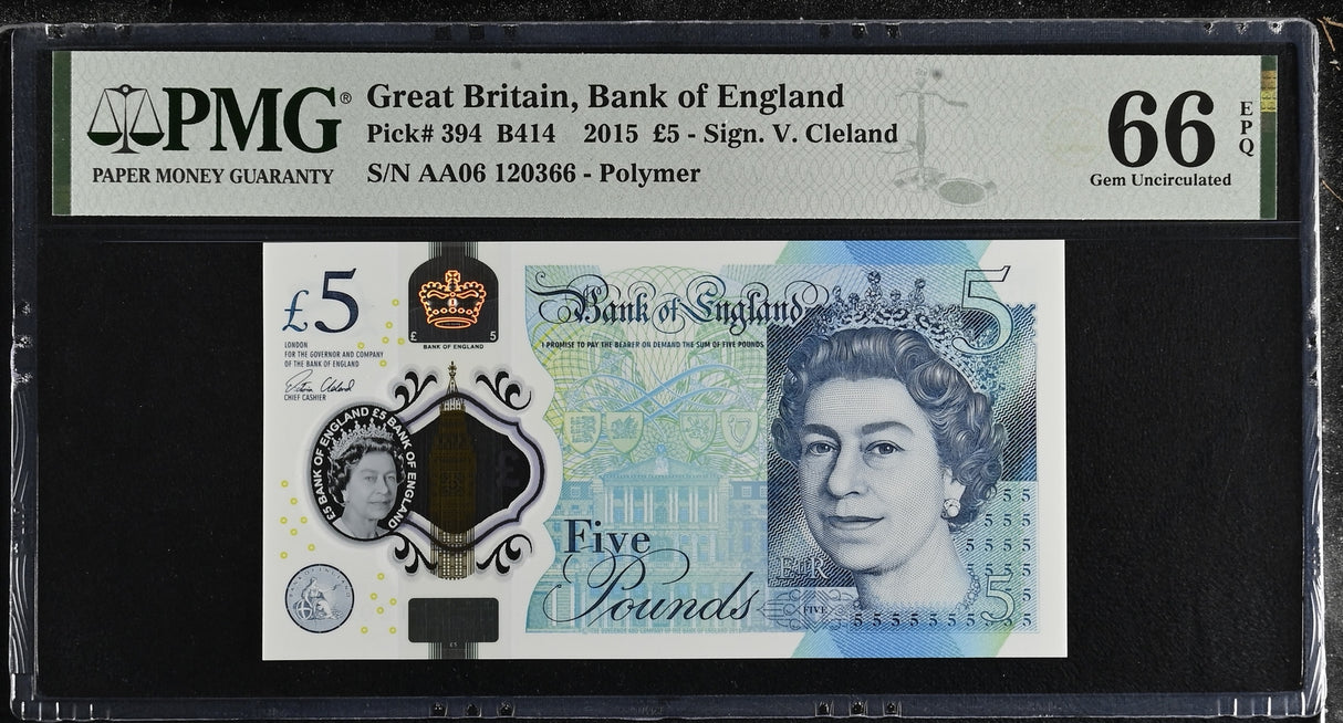 Great Britain 5 Pounds 2015 P 394 AA Prefix Polymer Gem UNC PMG 66 EPQ