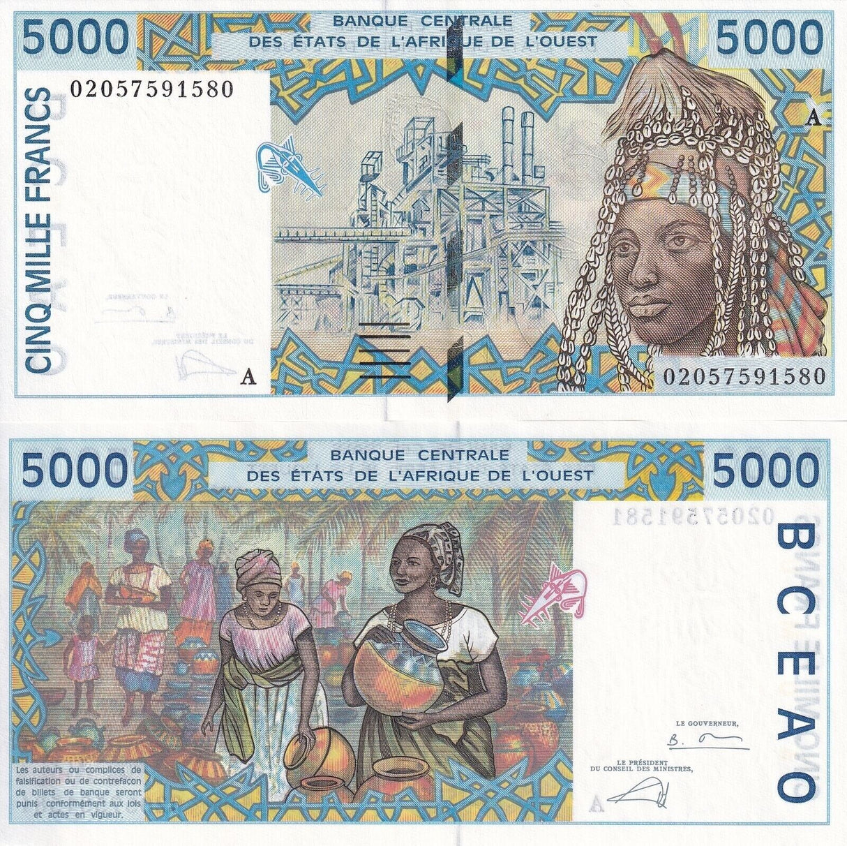 West African State Ivory Coast 5000 Francs 2002 P 113Al AUnc