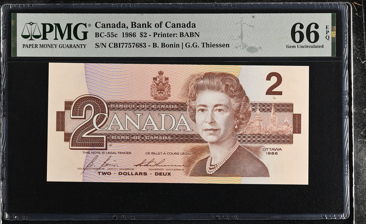Canada 2 Dollars 1986 P 94 Bonin Thiessen BC-55c Gem UNC PMG 66 EPQ