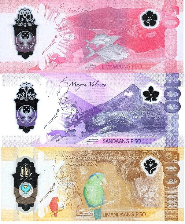 Philippines SET 3 UNC 50 100 500 Piso 2025/2024 Leopard Peacock Polymer P NEW