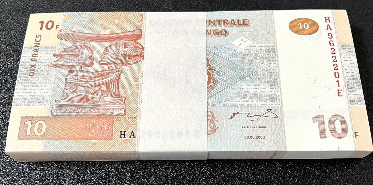 Congo 10 Francs 2003 P 93A G&D UNC Lot 100 Pcs 1 Bundle