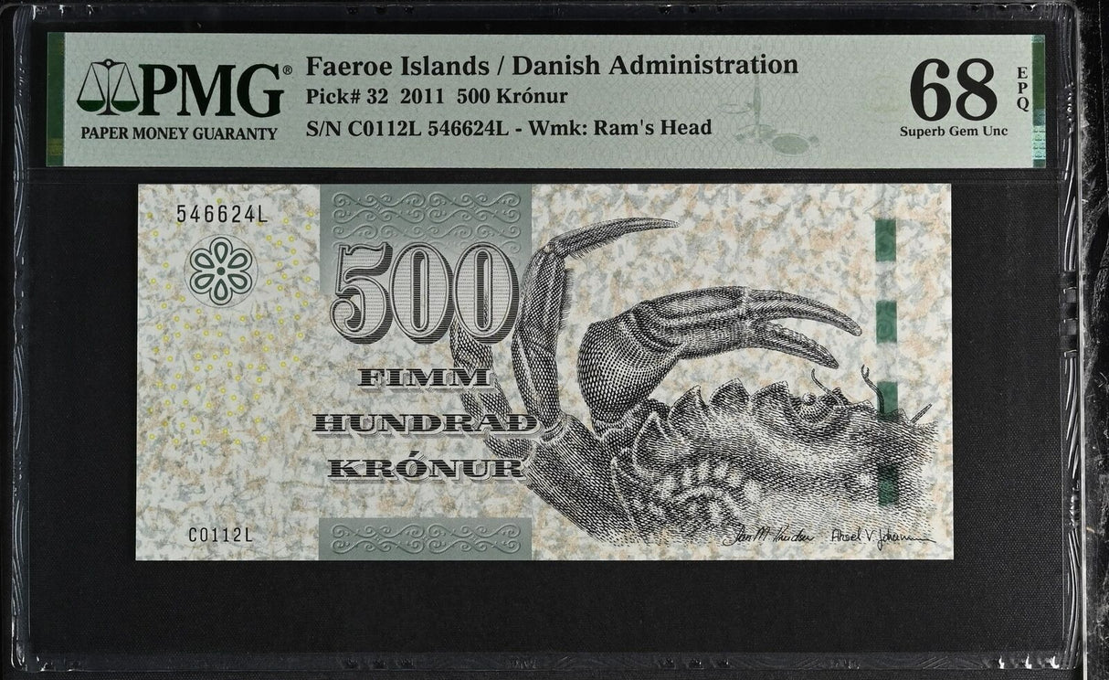 Faeroe Islands 500 Kronur 2011 P 32 Superb Gem UNC PMG 68 EPQ
