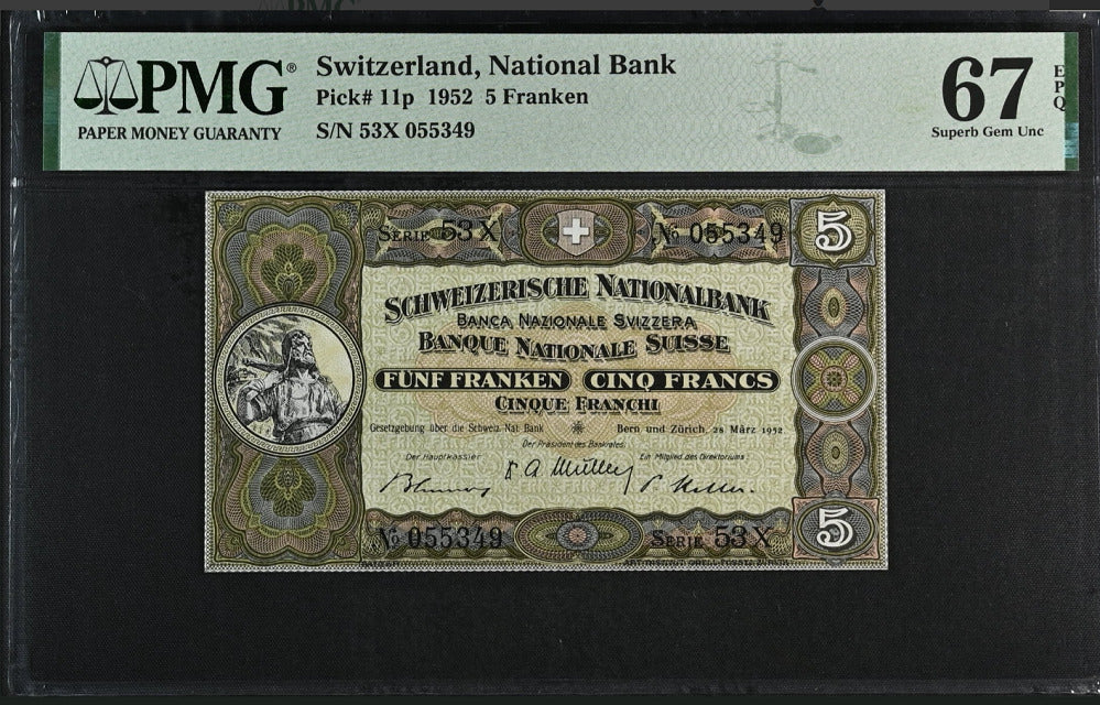 Switzerland 5 Franken 1952 P 11 p Superb Gem UNC PMG 67 EPQ