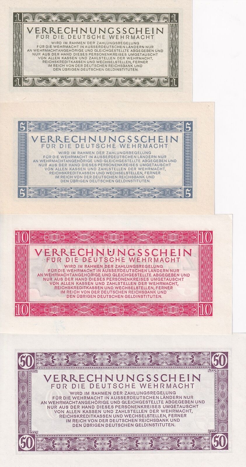 Germany SET 4 PCS 1 5 10 50 Reichsmark 1944 P M38 M39 M40 M41 AUnc