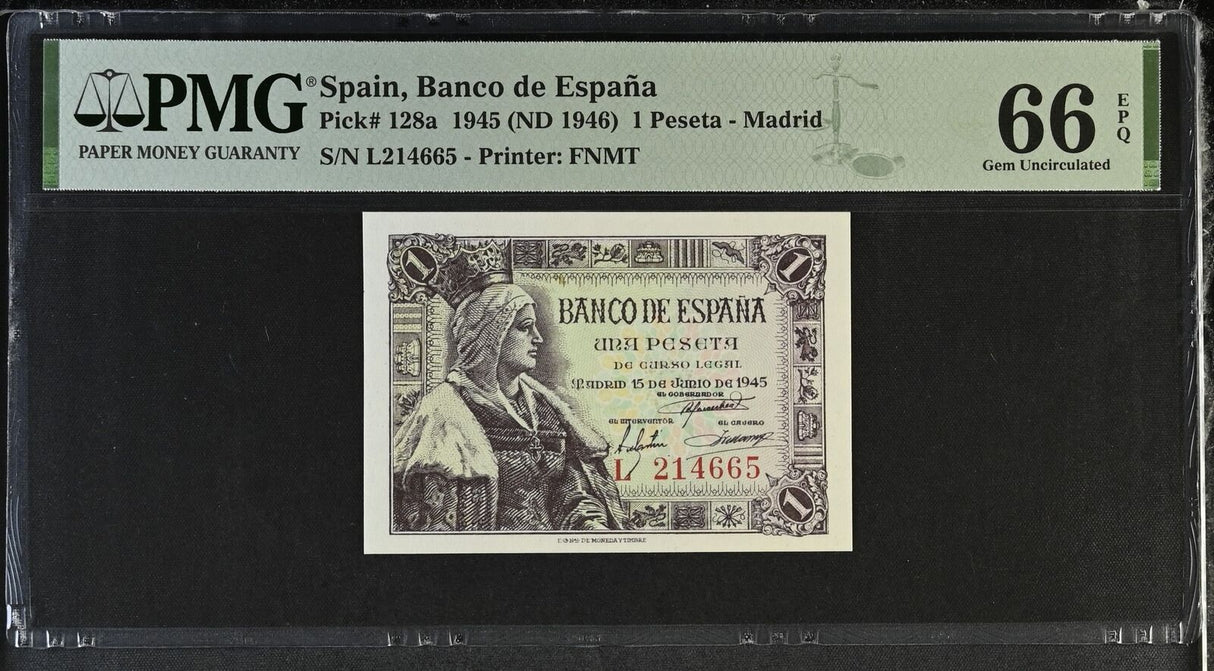 Spain 1 Peseta 1945 ND 1946 P 128 a Gem UNC PMG 66 EPQ