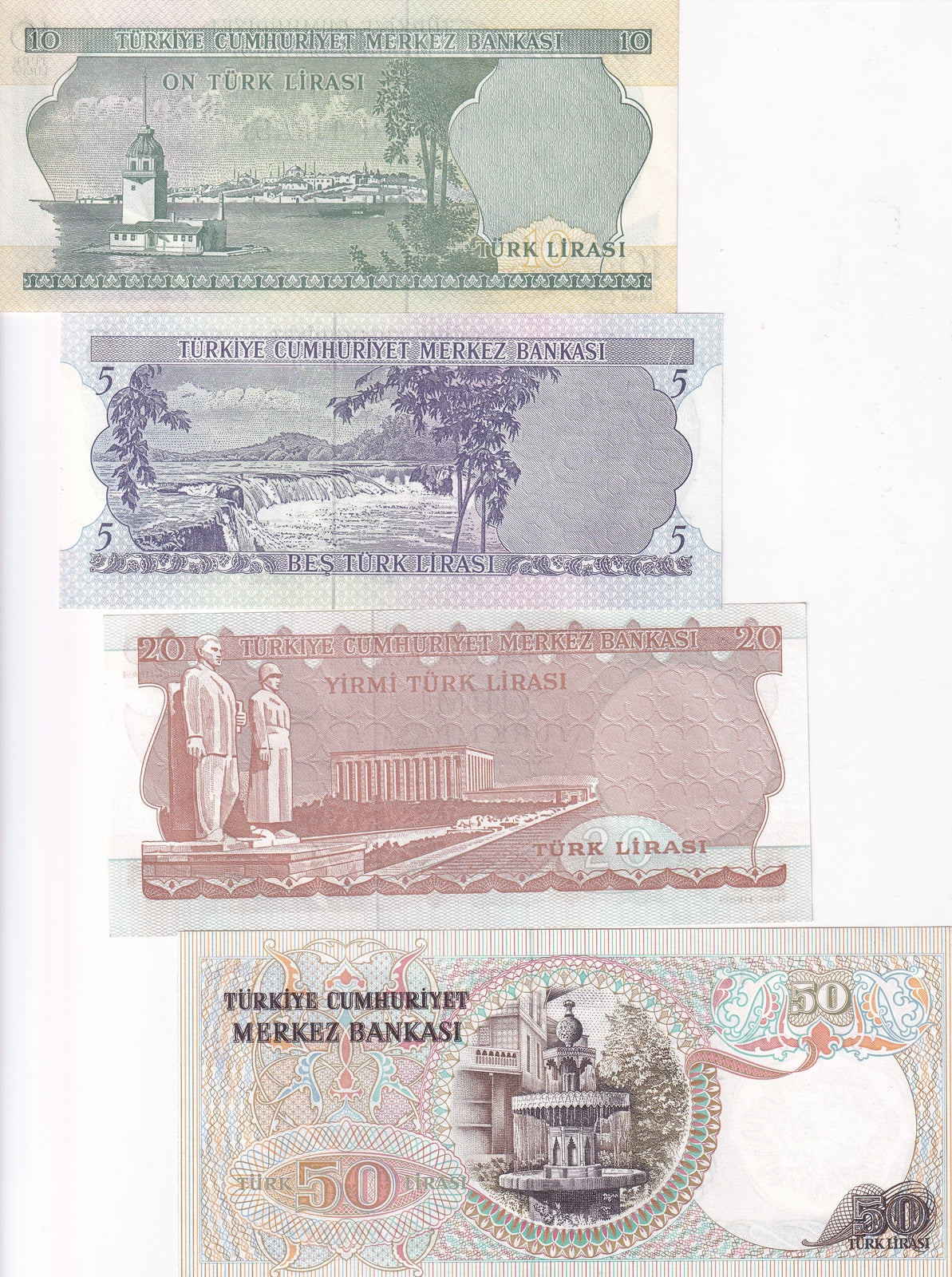 Turkey Set 4 PCS 5 10 20 50 Lira 1970 P 185 186 187 188 UNC