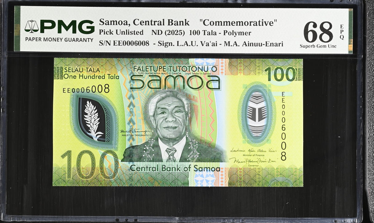Samoa 100 Tala ND 2025 Polymer #0006008 Commemorative Superb Gem UNC PMG 68 EPQ