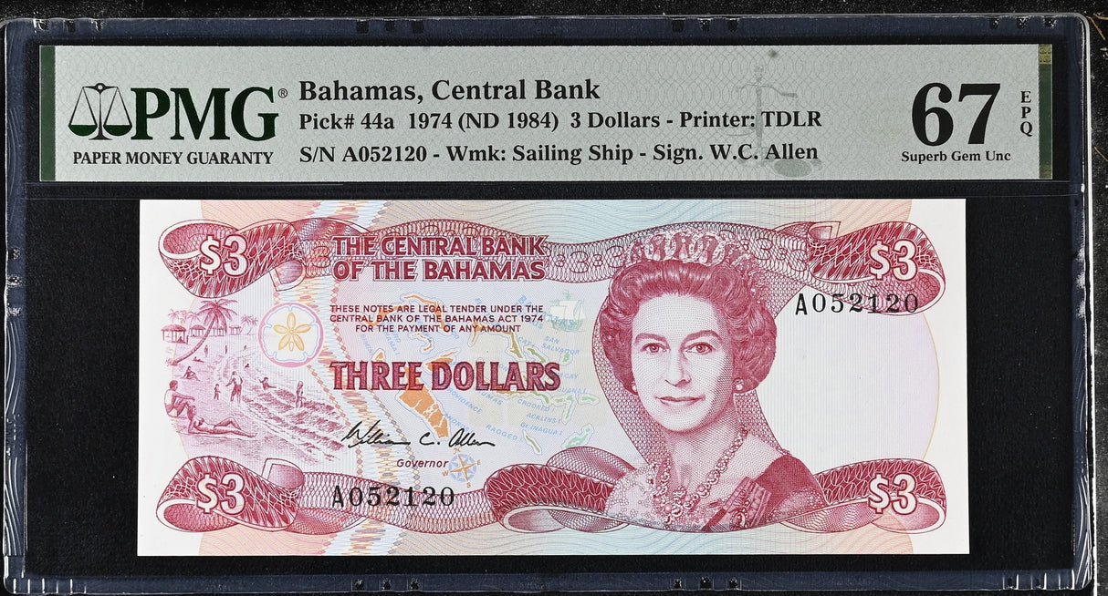Bahamas 3 Dollars 1974 ND 1984 P 44 a Superb Gem UNC PMG 67 EPQ