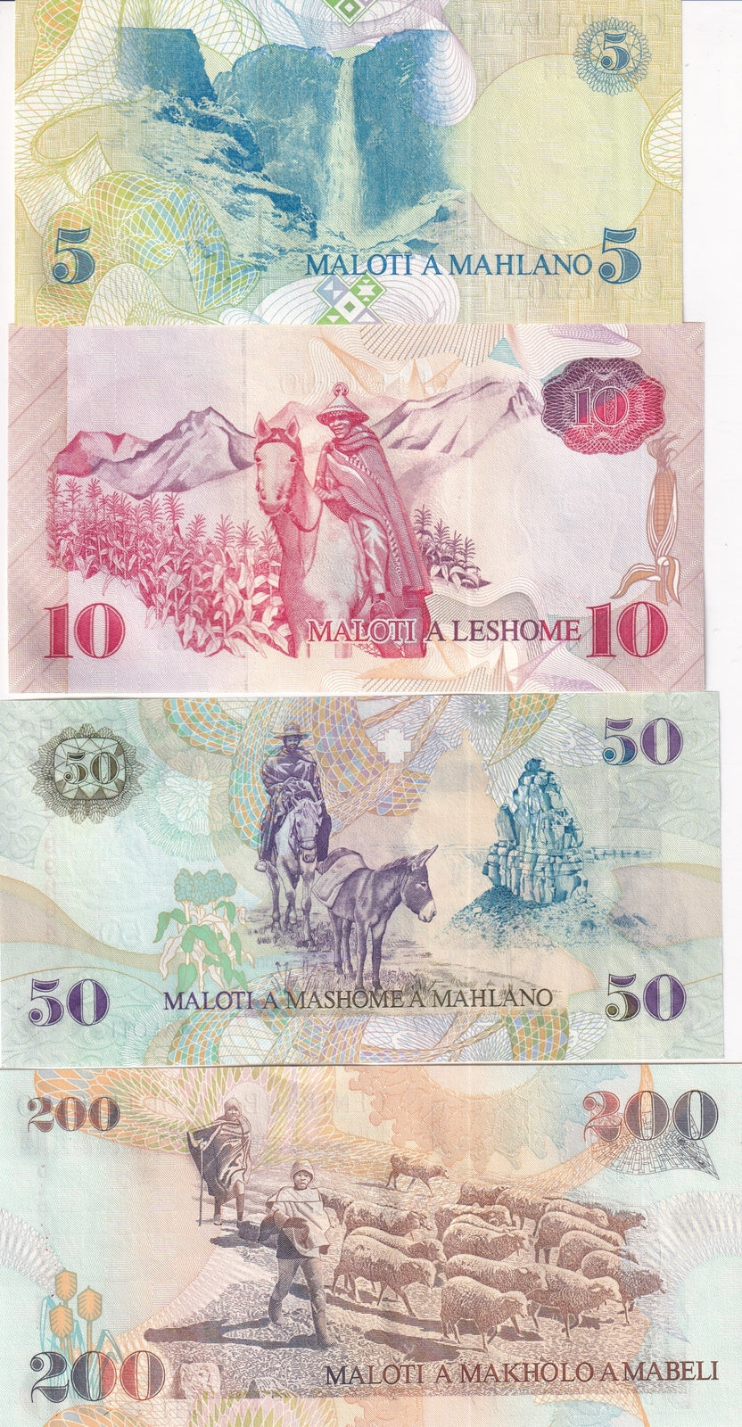 Lesotho Set 4 Pcs 5 10 50 200 Maloti P 10 11 17 20 UNC
