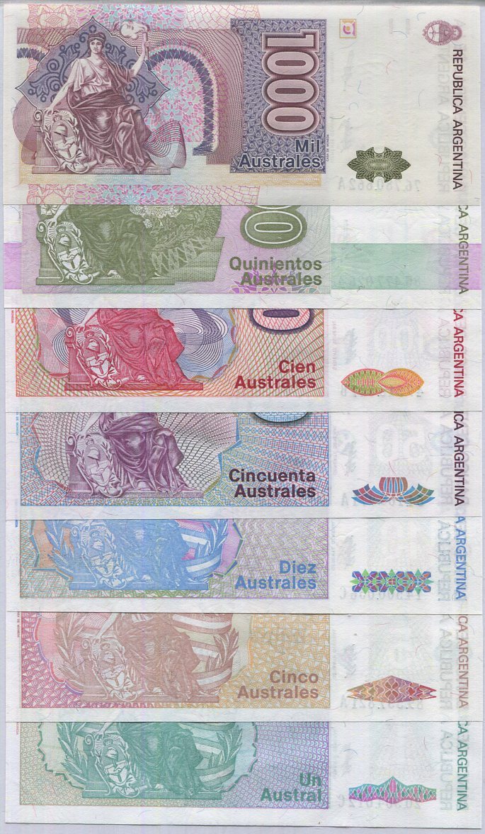 ARGENTINA SET 7 PCS 1 5 10 50 100 500 1000 AUS. 1990 P 323 324 325 326-329 UNC