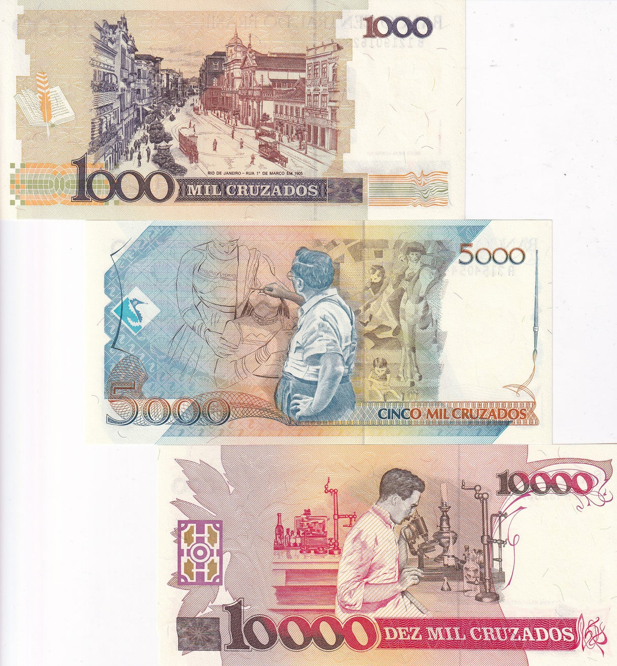 Brazil Set 3 UNC 1 5 10 C.N on 1000 5000 1000 Cruzados ND 1989 P 216 217 218