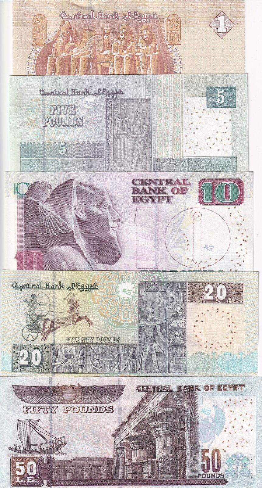 Egypt Set 5 UNC 1 5 10 20 50 Piastres Random Date P 71 P 72 P 73 P 74 P 75