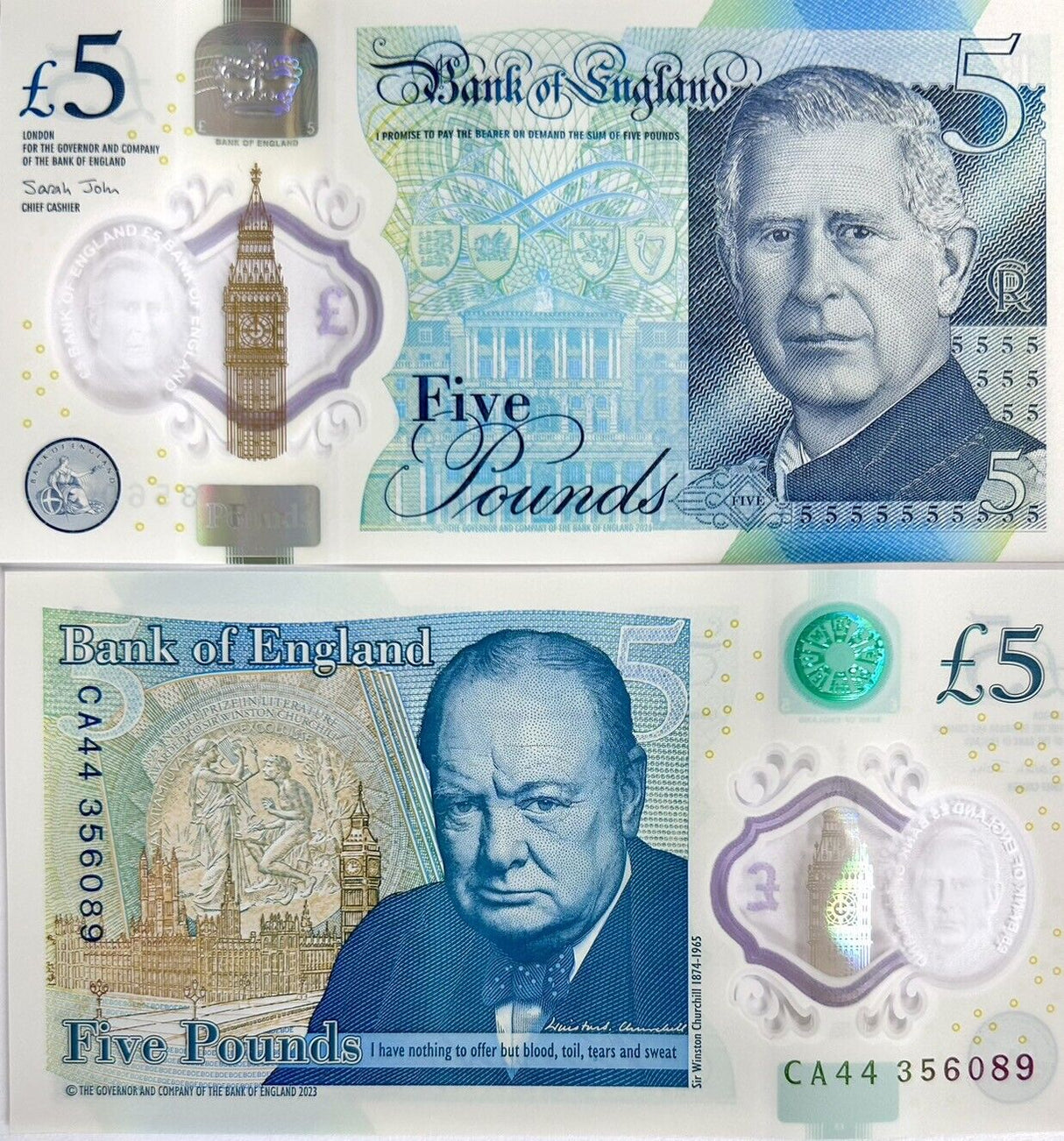 Great Britain Set 2 UNC 5 10 Pounds 2023/2024 Charles Polymer NEW Design