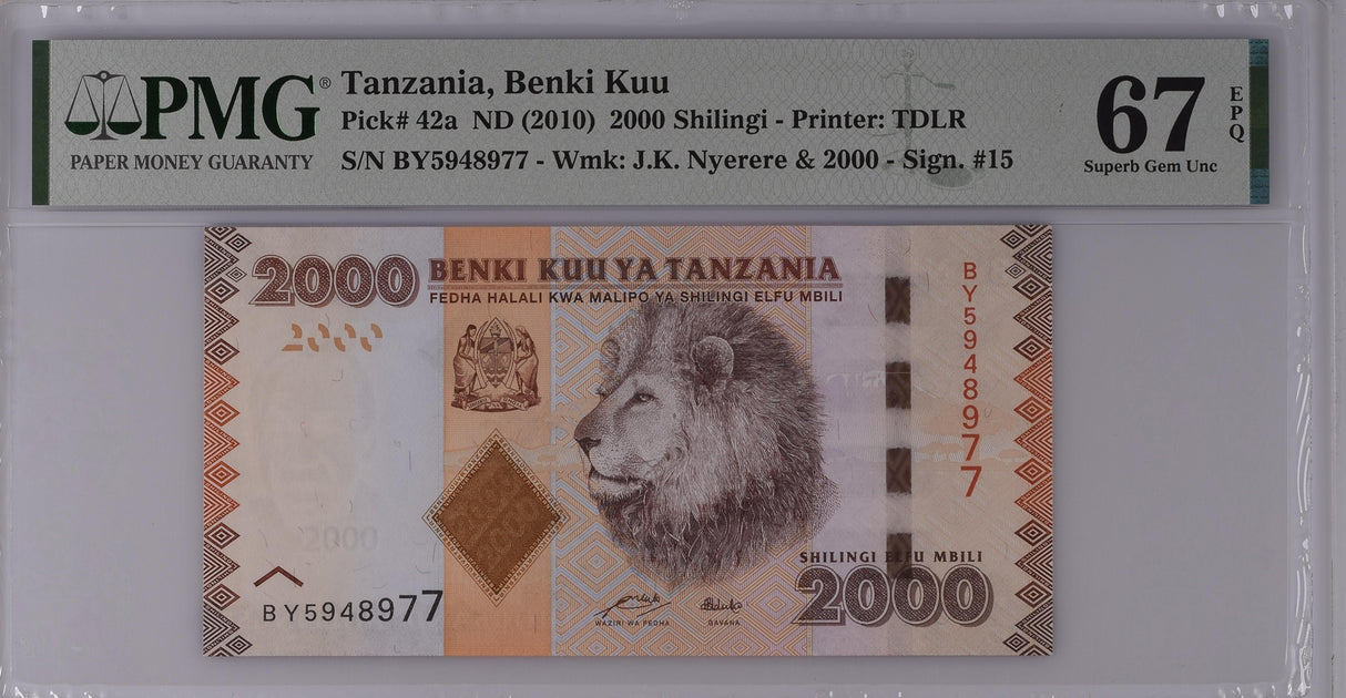 Tanzania 2000 Shilingi ND 2010 P 42 a Superb Gem UNC PMG 67 EPQ