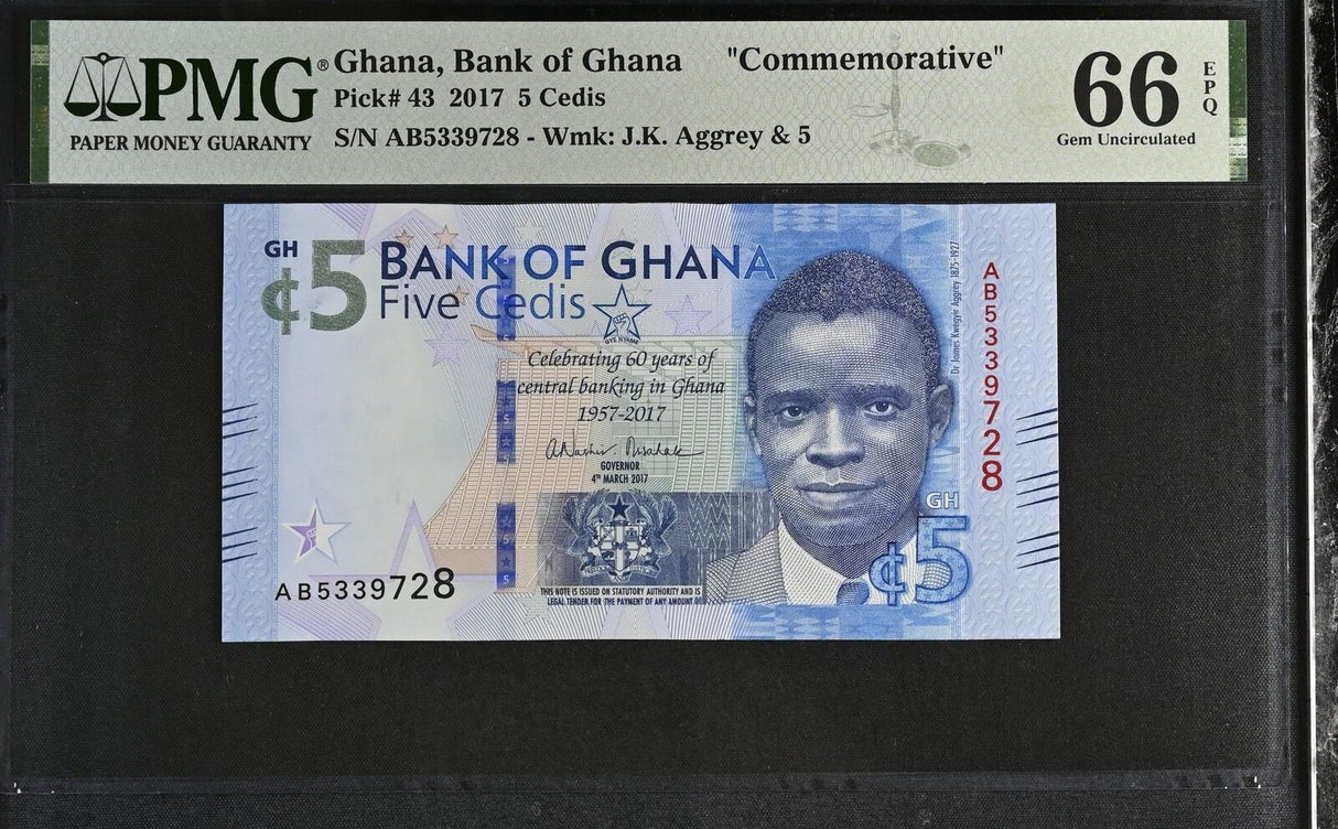 Ghana 5 CEDIS 2017 Commemorative P 43 Gem UNC PMG 66 EPQ