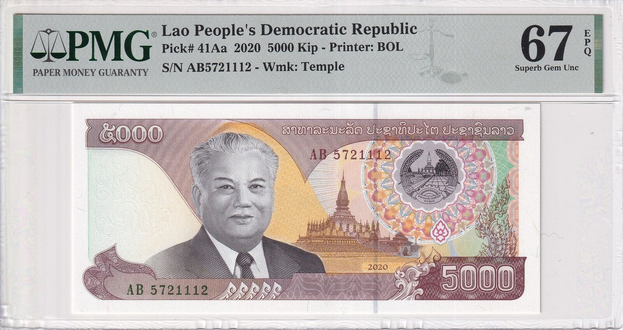 Laos 5000 Kip 2020 P 41Aa Superb Gem UNC PMG 67 EPQ