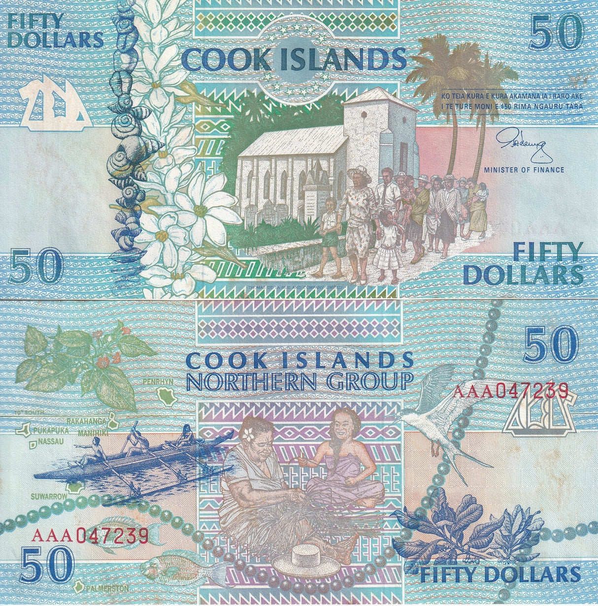 Cook Island 50 Dollars 1992 P 10 AAA Prefix UNC With Foxing