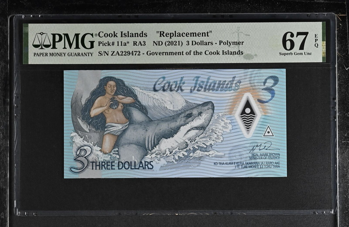 Cook Islands 3 Dollars ND 2021 ZA P 11 a* Replacement Superb Gem UNC PMG 67 EPQ