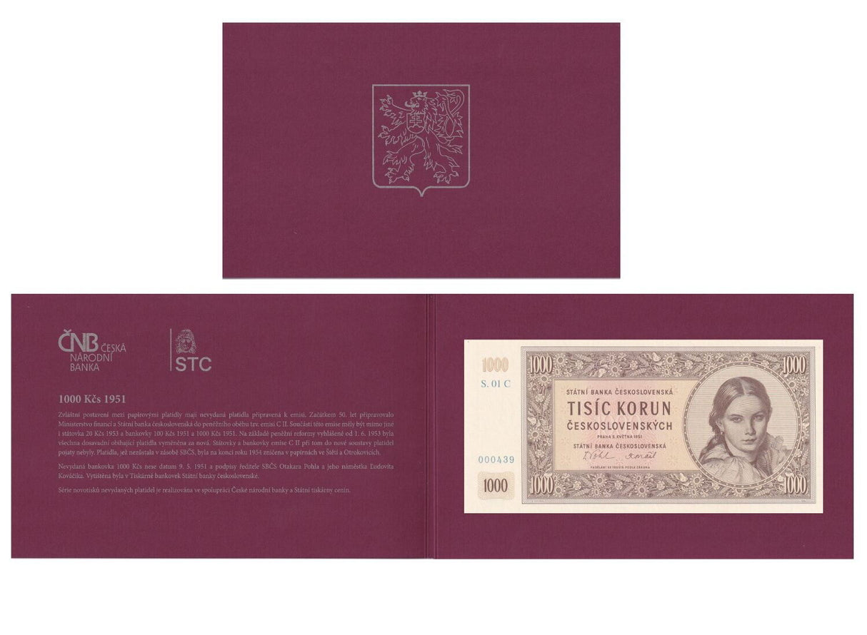 Czechoslovakia 1000 Korun 1951 Official Reprint CNB P 77 UNC With Folder